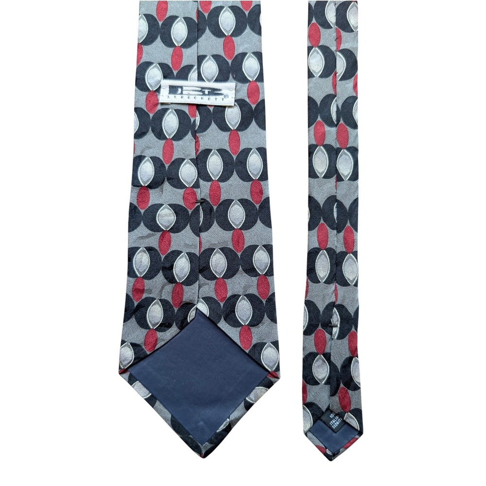 JT Beckett Geometric Silk Tie Grey Black‎ Red Italian Silk Necktie L57.5" W4" - Picture 4 of 8
